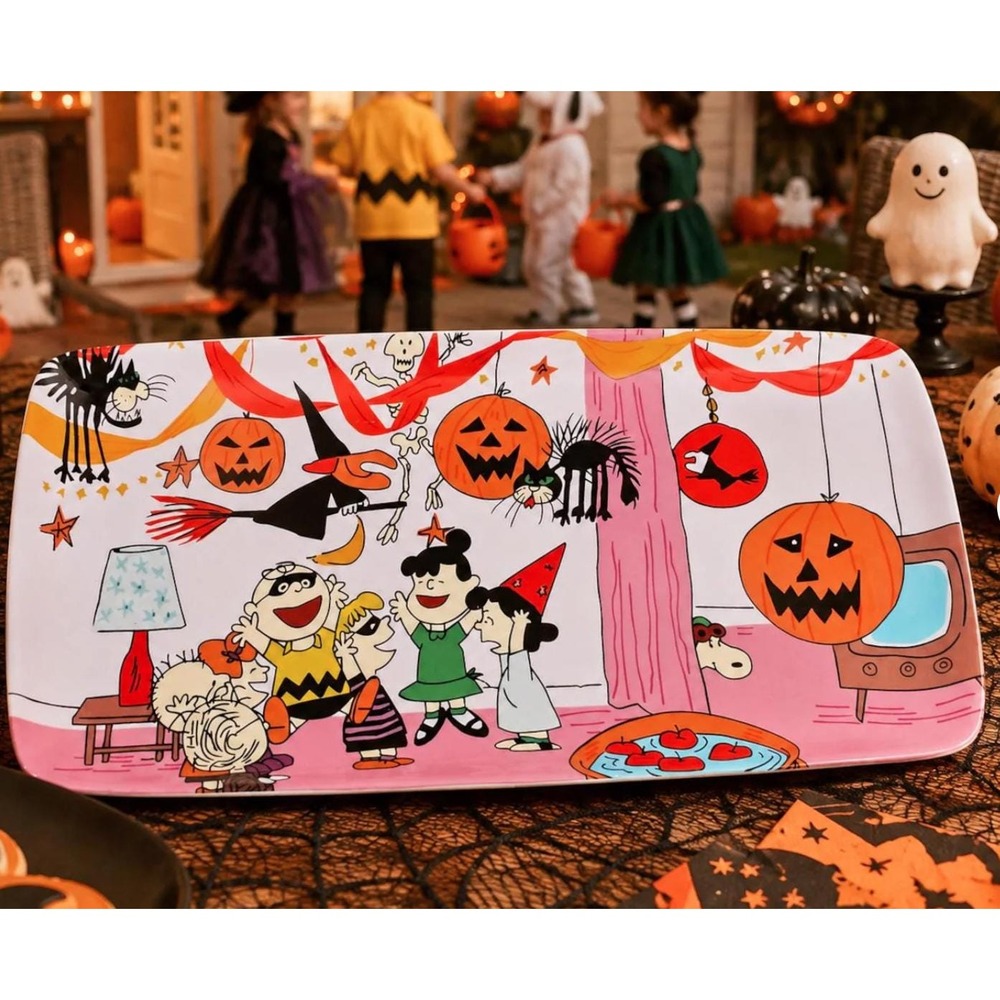 Peanuts Halloween Bash Ceramic Serving Platter, Snoopy Gang, Pink (13.5 x 6.75)